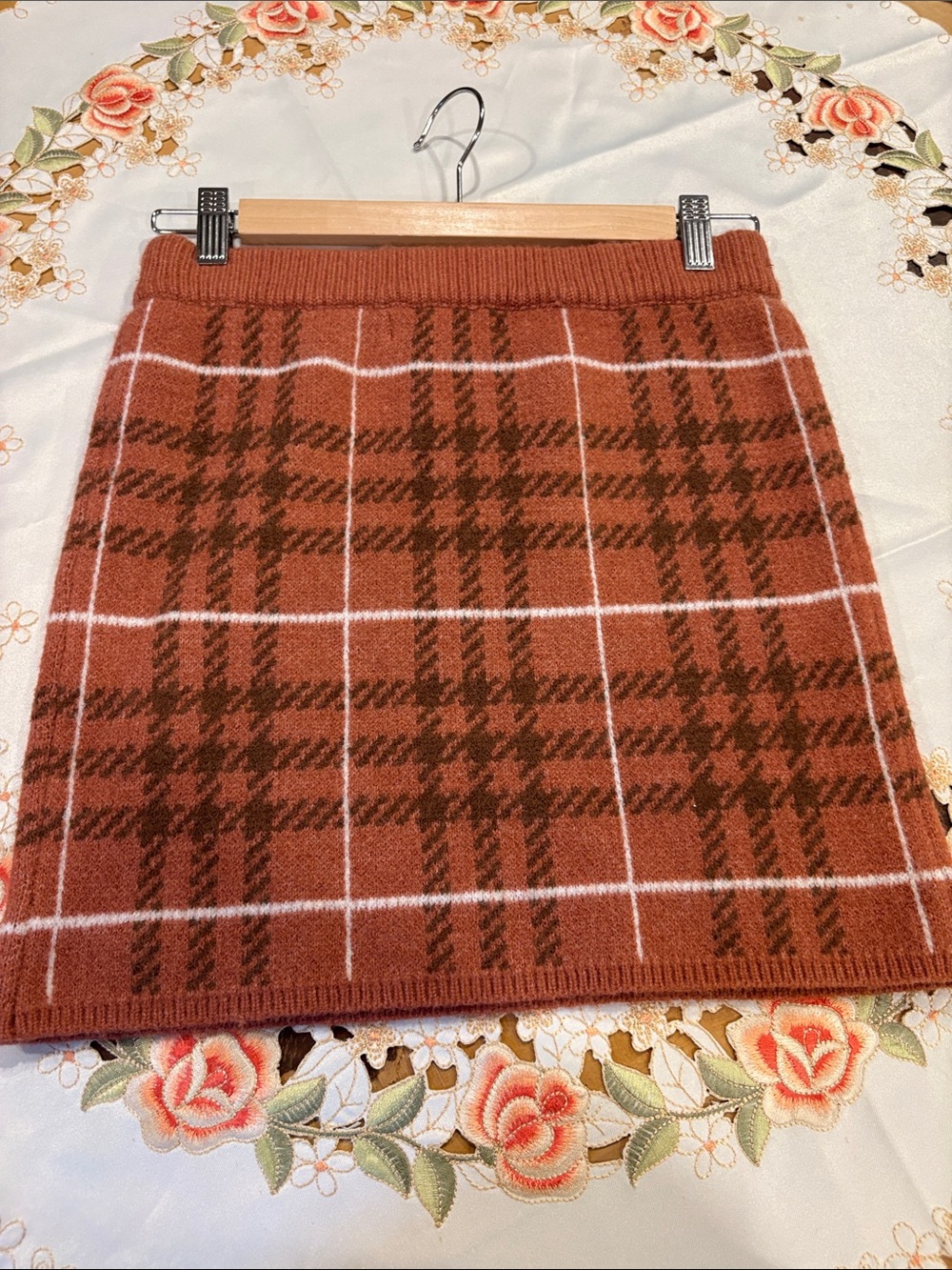En Saison Rust Plaid Knit Mini Skirt with White Grid